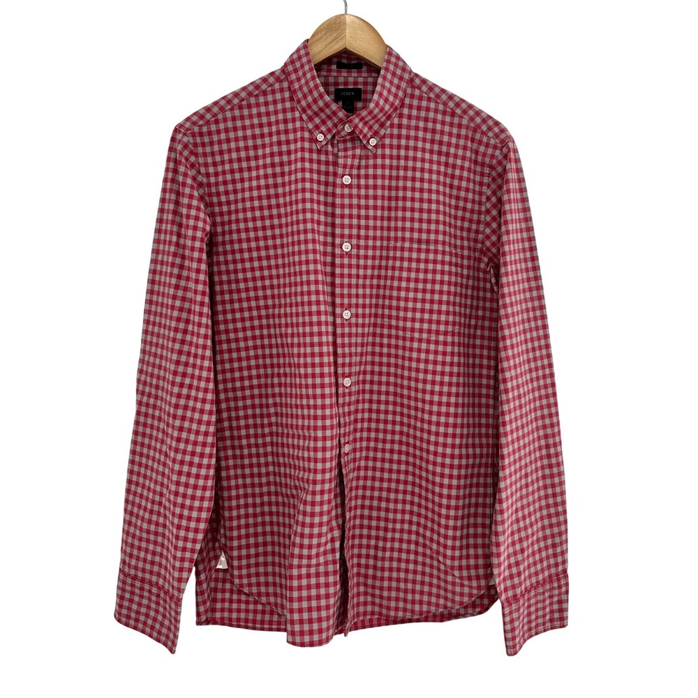 J.Crew Mens Slim Fit Gingham Check Button Down Shirt Red Grey Cotton Medium
